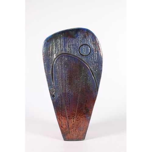 457 - SHAUN HALL, Sentinel, a studio art pottery raku fired vase with metallic blue/copper glaze, cut hole... 