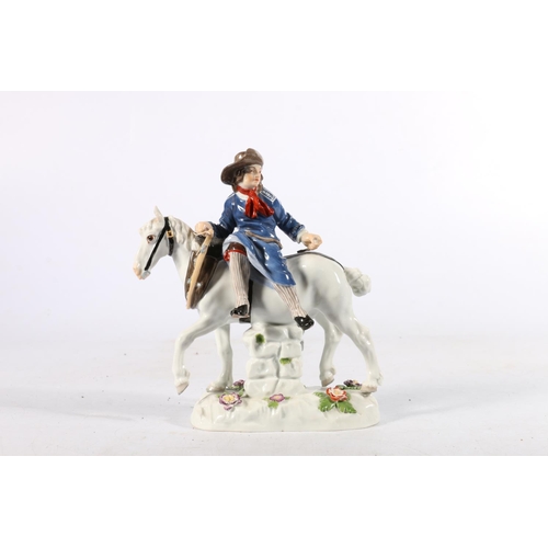 467 - Meissen figure of a man side saddle on a horse, 16cm.