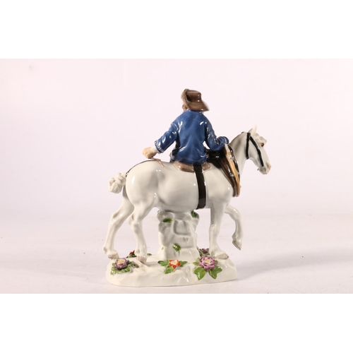 467 - Meissen figure of a man side saddle on a horse, 16cm.