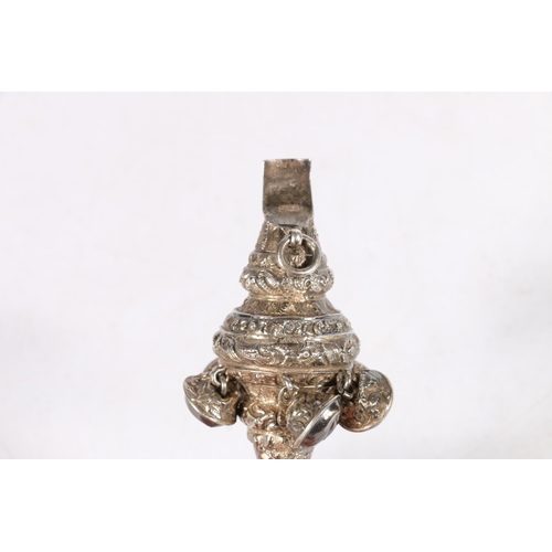 67H - Victorian silver rattle with whistle and coral teether, hallmarked U&H, Birmingham, 12cm.