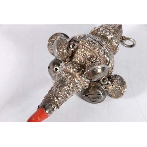 67H - Victorian silver rattle with whistle and coral teether, hallmarked U&H, Birmingham, 12cm.