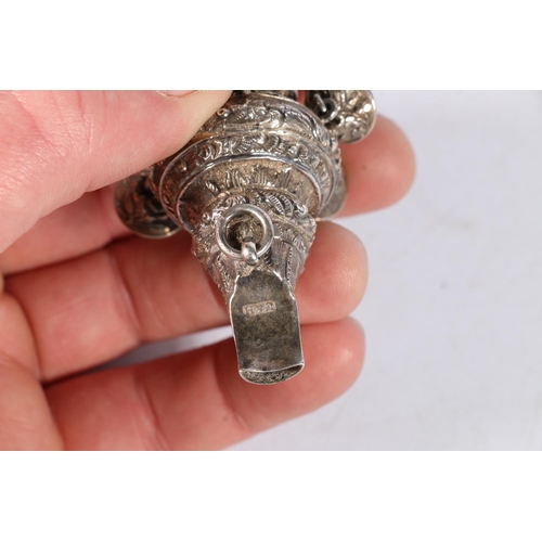 67H - Victorian silver rattle with whistle and coral teether, hallmarked U&H, Birmingham, 12cm.