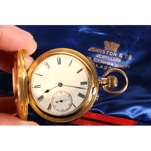 112 - 18ct gold cased full hunter keyless pocket watch, the white enamel dial with Roman numerals and subs... 