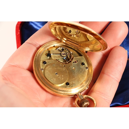 112 - 18ct gold cased full hunter keyless pocket watch, the white enamel dial with Roman numerals and subs... 