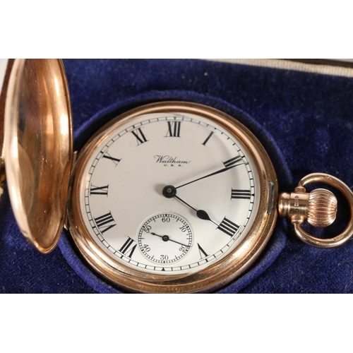 119 - 9ct gold cased full hunter keyless pocket watch by Waltham of USA, the white enamelled dial with Rom... 