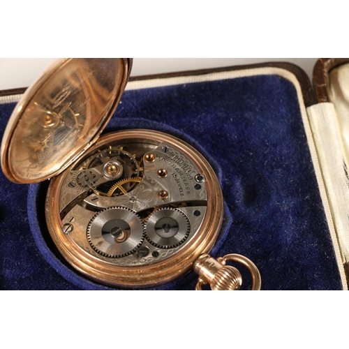 119 - 9ct gold cased full hunter keyless pocket watch by Waltham of USA, the white enamelled dial with Rom... 