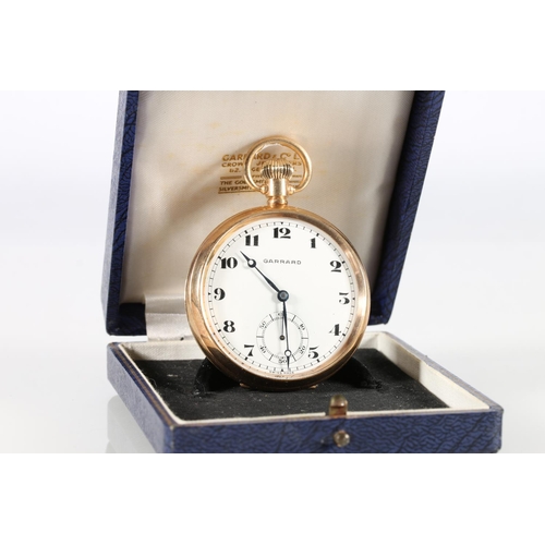 120 - Garrard 9ct gold cased open-faced keyless pocket watch, the white enamel dial with Arabic numeral ch... 