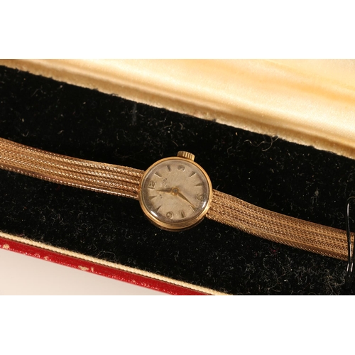 132 - Ladies Favre Leuba 9ct gold cased wristwatch on 9ct gold bracelet, 14.9g gross.