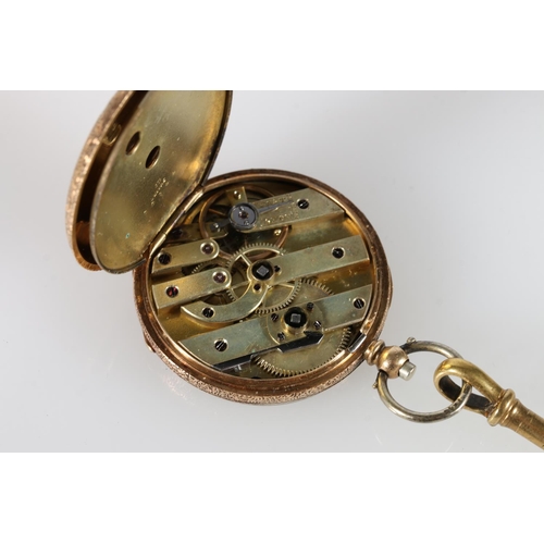 161 - 18ct gold open-faced key-wound fob watch, the engraved dial with Roman numeral chapter ring, 40g gro... 