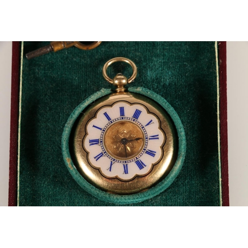 193 - Edwardian 18ct gold half hunter ladies fob watch, movement marked WC&S. 3cm, 34g gross. 