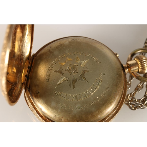 98 - 18ct gold cased open faced keyless fob watch having engraved dial, 52g gross.