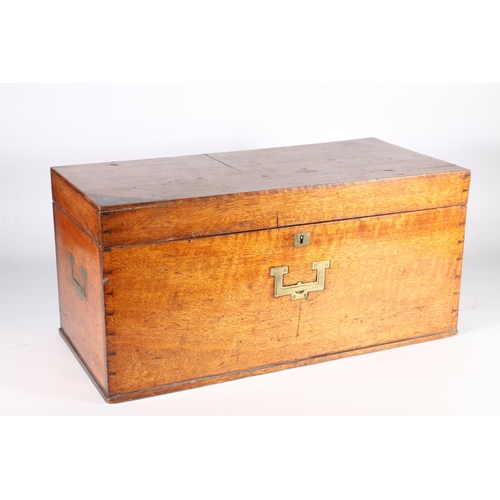 361 - 19th c. campaign traveling box with sunken handles to sides and front, 26 x 55 x 25cm.