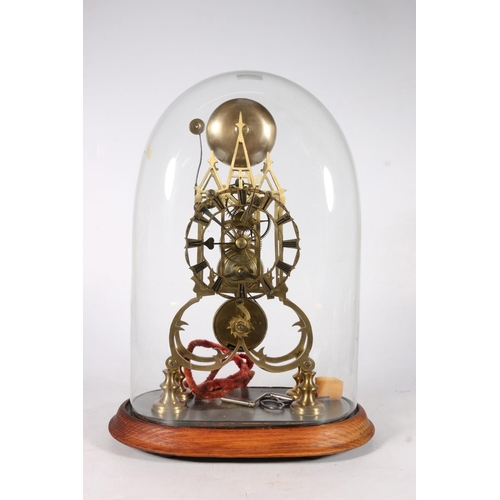 390 - Brass skeleton clock with anchor escapement striking on a bell, under glass dome, 40cm tall.