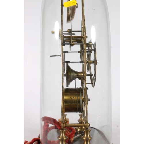 390 - Brass skeleton clock with anchor escapement striking on a bell, under glass dome, 40cm tall.