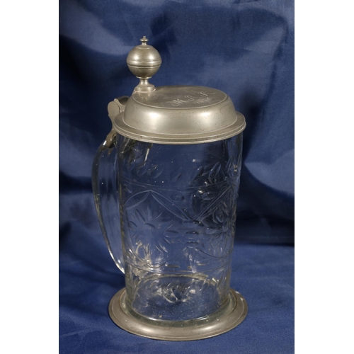 453 - George III glass and pewter tankard inscribed MRR 1806, 22cm.