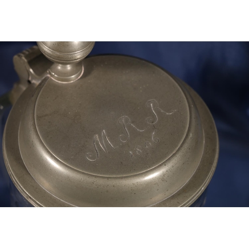 453 - George III glass and pewter tankard inscribed MRR 1806, 22cm.