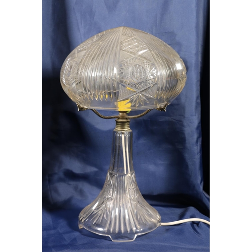 454 - Edinburgh Crystal style cut glass table lamp with mushroom shade, 38cm tall.