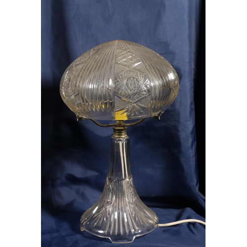 454 - Edinburgh Crystal style cut glass table lamp with mushroom shade, 38cm tall.