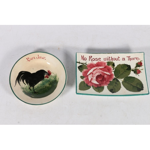 491 - Wemyss pottery pin tray decorated in the cabbage rose pattern with motto 'No Rose Without a Thorn', ... 