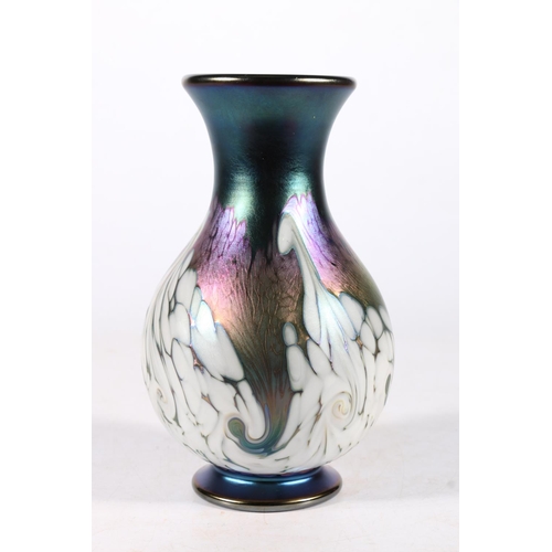 426 - Richard P Golding for Orka, an art glass baluster vase with white dab and swirl decoration on a lust... 