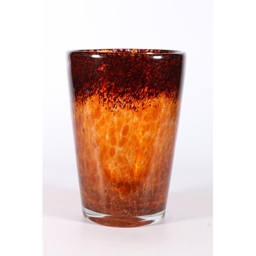 431 - Scottish art glass, a Monart orange brown mottled glass vase of tapering cylinder form, 19.5cm tall.