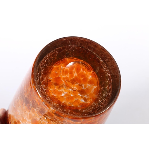 431 - Scottish art glass, a Monart orange brown mottled glass vase of tapering cylinder form, 19.5cm tall.