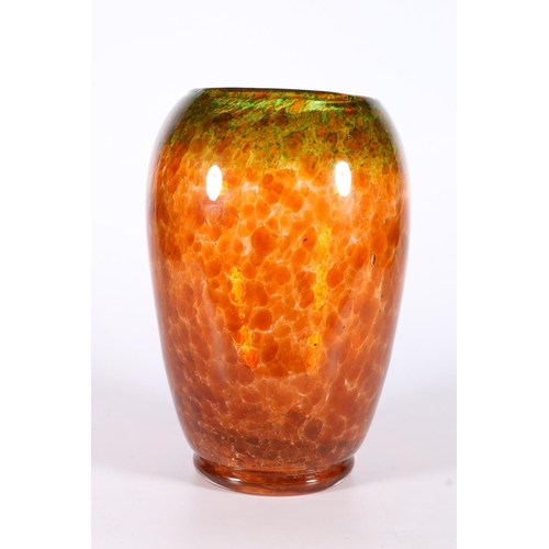 432 - Scottish art glass, a Monart orange and green mottled glass vase of ovoid form, 23cm tall.