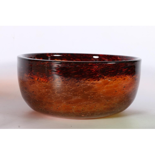 437 - Scottish art glass, a Monart mottled orange and brown circular bowl, 20cm diameter, a Monart mottled... 