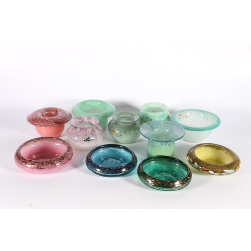 439 - Scottish art glass, eleven pieces to include four pin dishes, two fold over rim miniature vases and ... 