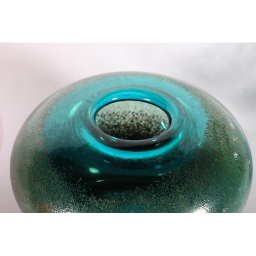 441 - Art glass, a fine mottled green glass vase of squat baluster shape, 18cm diameter, a pink bubble des... 