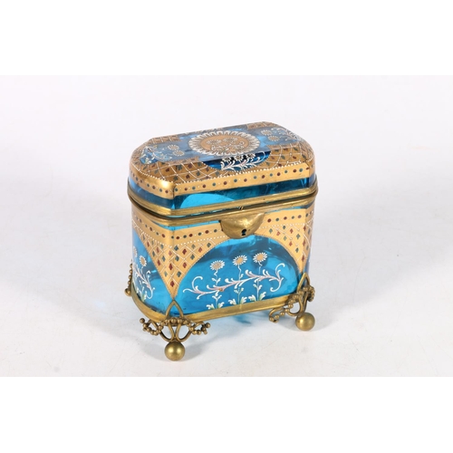 448 - Antique blue glass casket with applied enamel and gilt decoration in the manner of Moser of the Czec... 