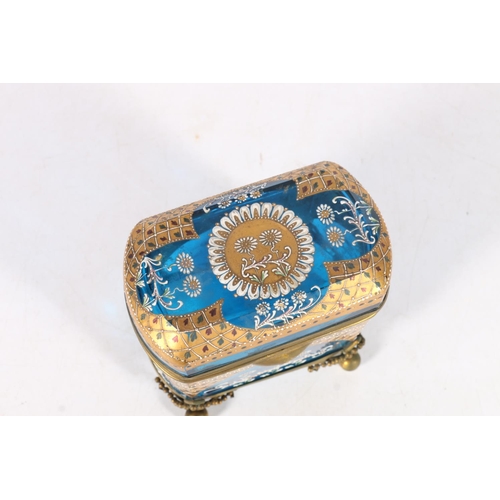 448 - Antique blue glass casket with applied enamel and gilt decoration in the manner of Moser of the Czec... 