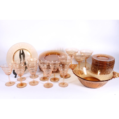 449 - Venetian etched amber glass suite to include  lunch plates, side plates, sherry glasses, sorbet glas... 