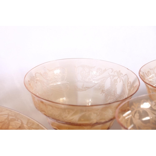 449 - Venetian etched amber glass suite to include  lunch plates, side plates, sherry glasses, sorbet glas... 