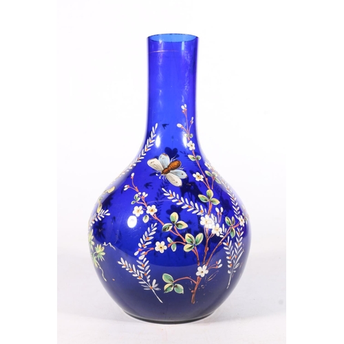 452 - Moser painted blue glass vase of bulbous form with plants and insects, 25cm.