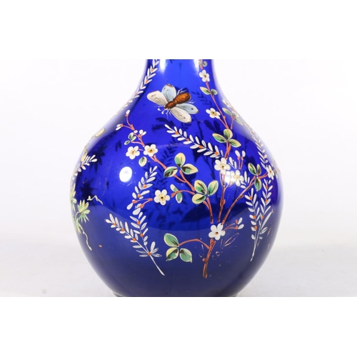 452 - Moser painted blue glass vase of bulbous form with plants and insects, 25cm.