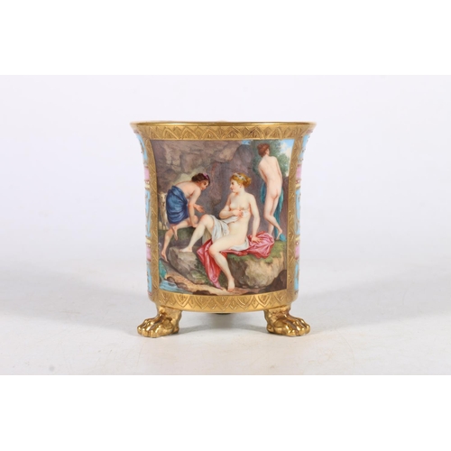 468 - Antique Berlin style porcelain mug decorated with vignette depicting three female nude bathers, rais... 