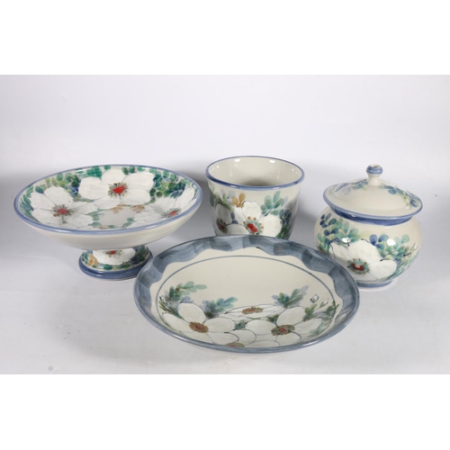 470 - Highland Stoneware of Ullapool, four pottery pieces with white floral design to include a pedestal b... 