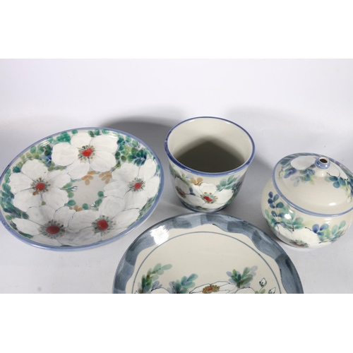 470 - Highland Stoneware of Ullapool, four pottery pieces with white floral design to include a pedestal b... 