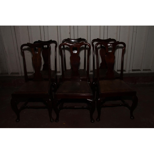 657 - Set of six early 20th century mahogany dining chairs in the Georgian style, each with scroll yoke ba... 