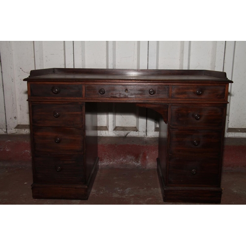 661 - 19th century mahogany pedestal desk, with three quarter gallery top, over three frieze drawers, pede... 