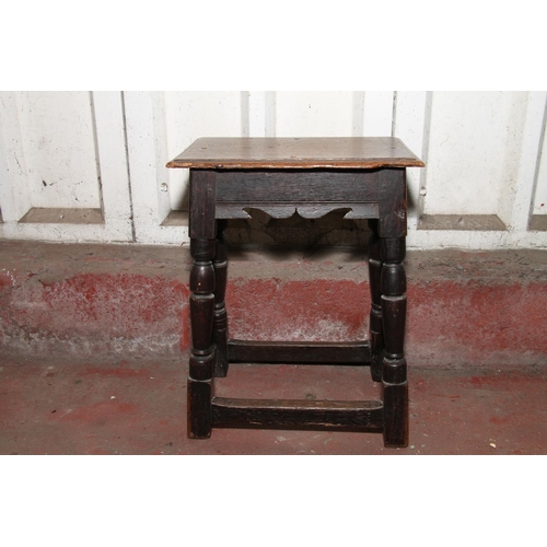 673 - Oak joint stool, the rectangular top with moulded edge, the base with shaped aprons, raised on turne... 