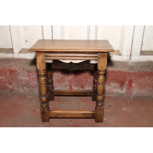 674 - Oak joint stool, the rectangular top with moulded edges, over moulded frieze and shaped apron, raise... 