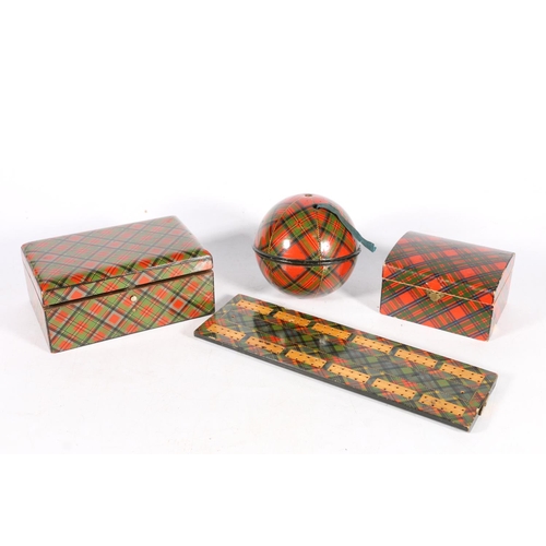 356 - Mauchline treen tartanware string box decorated in the Stuart tartan,10cm diameter, a cribbage board... 