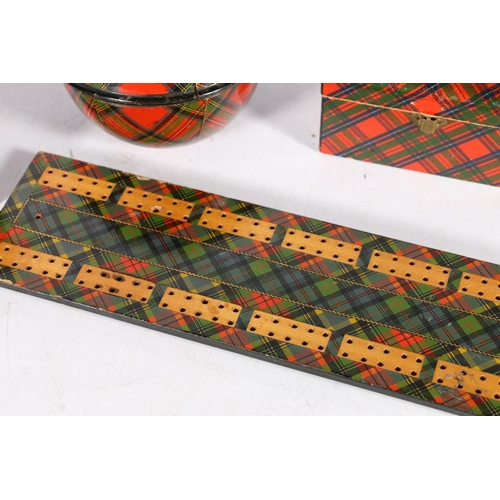 356 - Mauchline treen tartanware string box decorated in the Stuart tartan,10cm diameter, a cribbage board... 