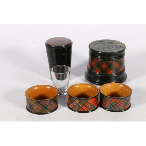 357 - Mauchline treen tartanware circular box decorated in the McPherson tartan 8cm diameter, a medicine g... 