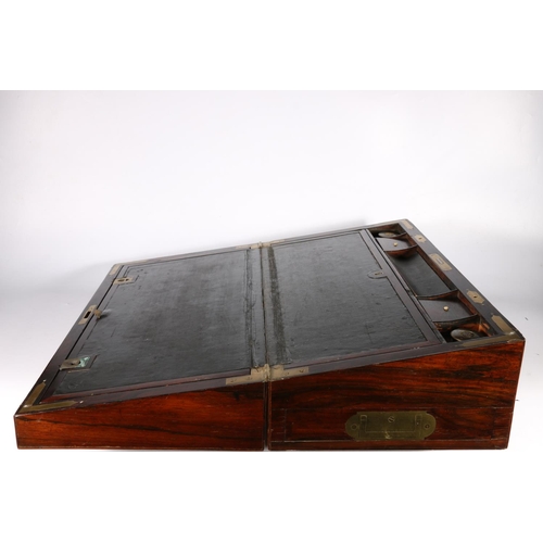 360 - 19th c.  brass inlaid writing slope, with leather writing surface, recessed handles to side, when cl... 