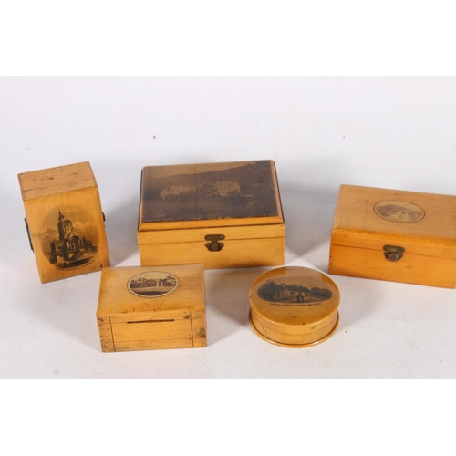 362 - Mauchline ware transfer printed treen boxes to include a rectangular box with view of Tarbet Hotel 1... 