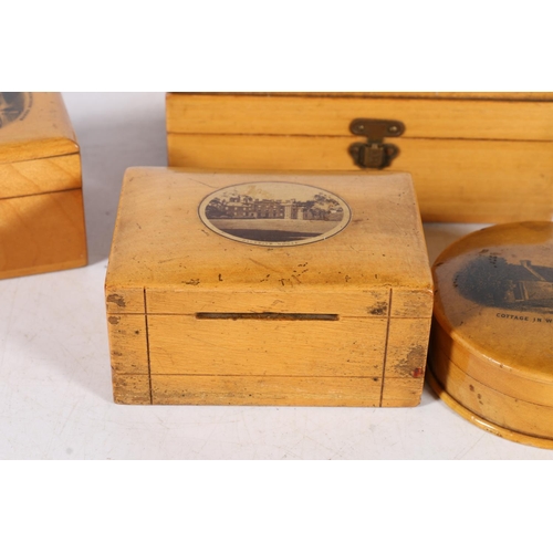 362 - Mauchline ware transfer printed treen boxes to include a rectangular box with view of Tarbet Hotel 1... 