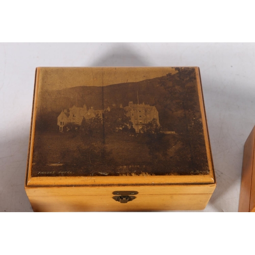 362 - Mauchline ware transfer printed treen boxes to include a rectangular box with view of Tarbet Hotel 1... 